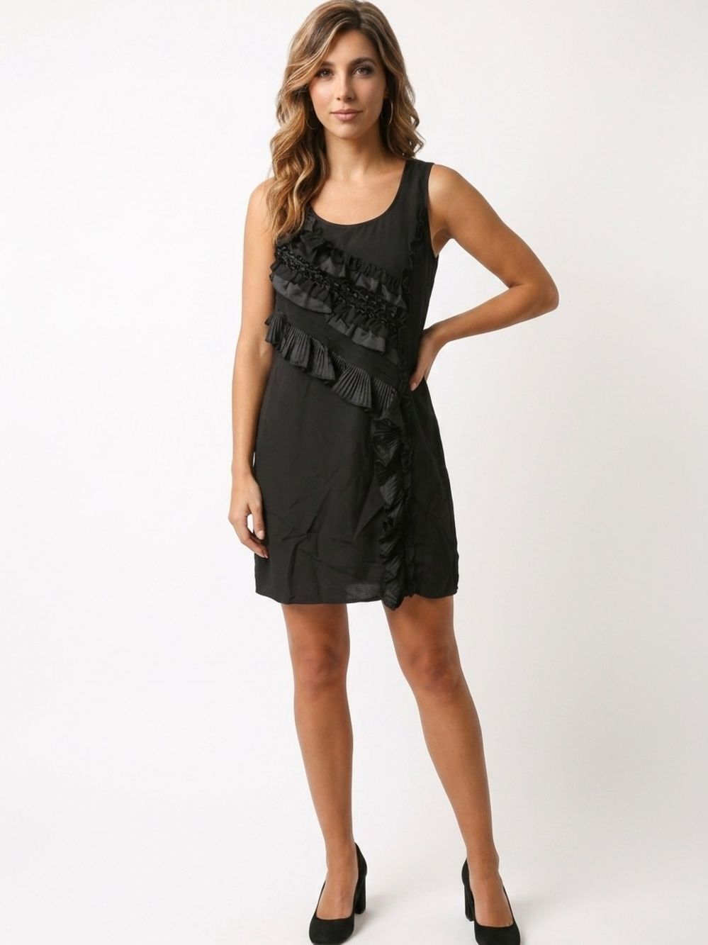 BANANA REPUBLIC | Silk Ruffle Detail Shift Dress Black Scoopneck Women’s Size S